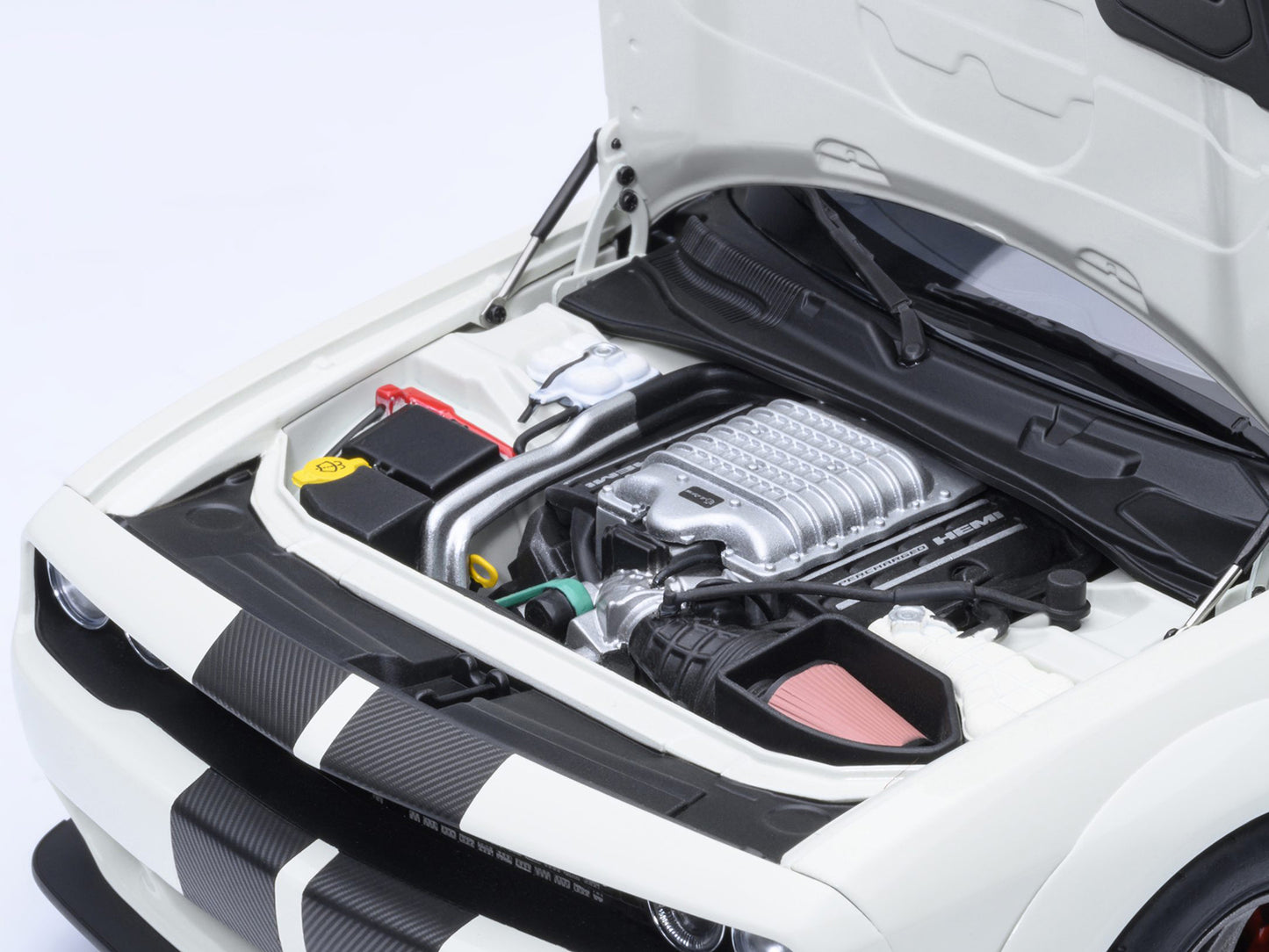 2023 Dodge Challenger SRT Super Stock Knuckle White with Carbon Stripes 1/18 Model Car by Autoart