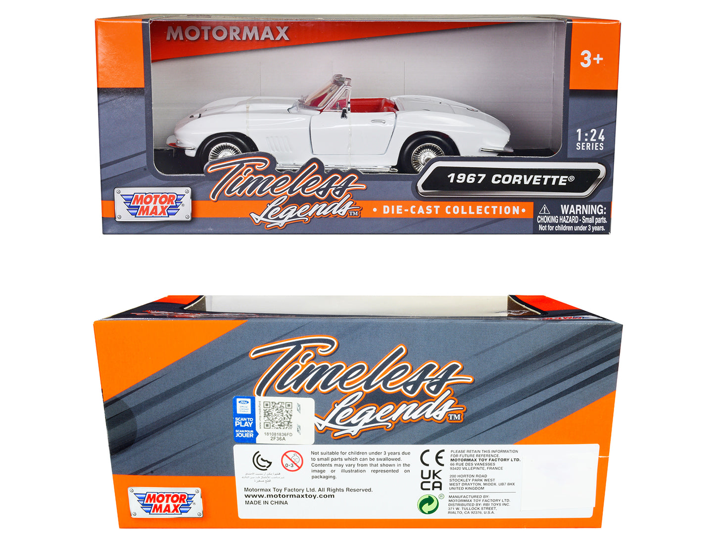 1967 Chevrolet Corvette C2 Convertible White with Red Interior "Timeless Legends" Series 1/24 Diecast Model Car by Motormax