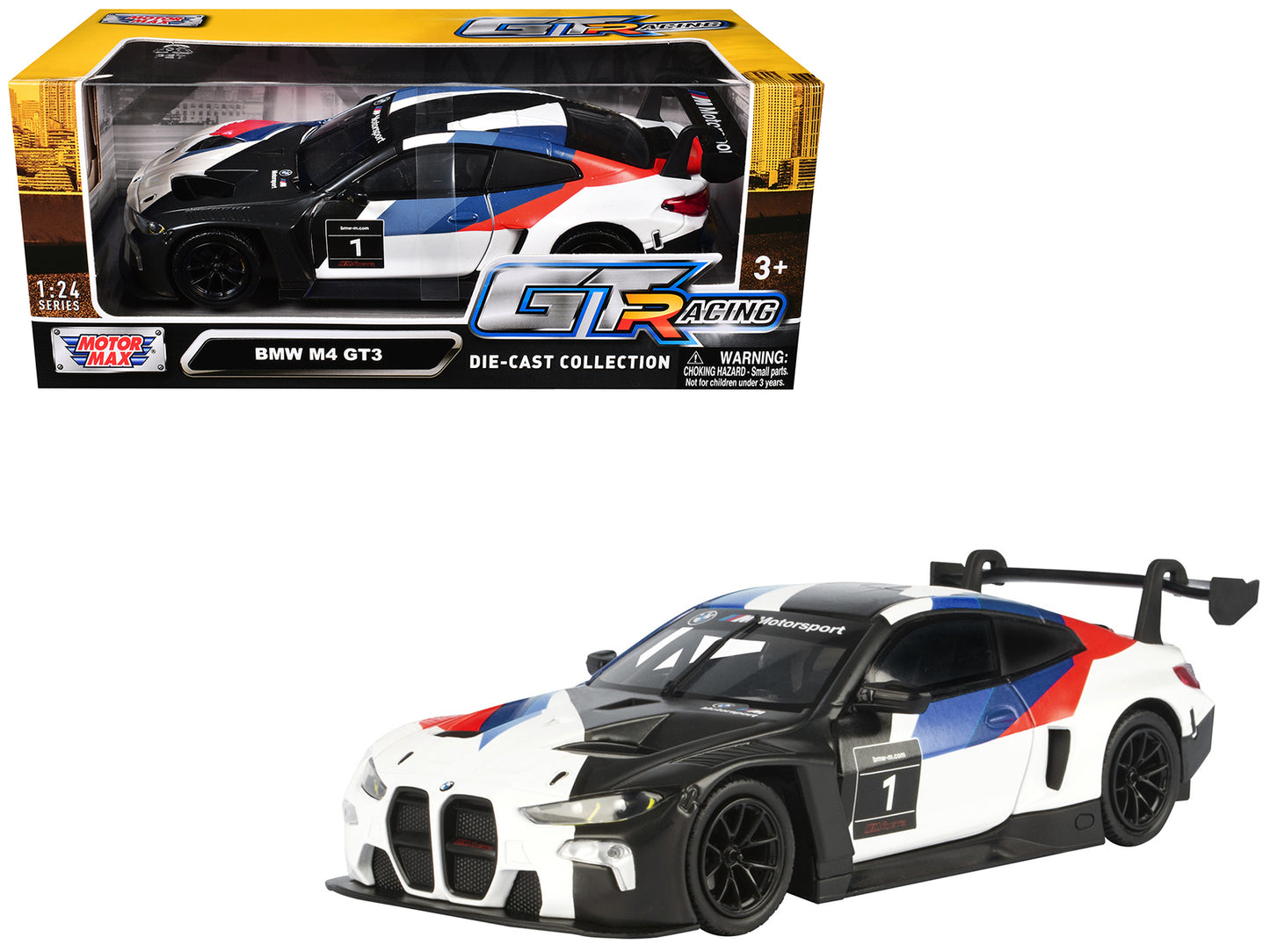 BMW M4 GT3 #1 White with Black Blue and Red Graphics "GT Racing" Series 1/24 Diecast Model Car by Motormax