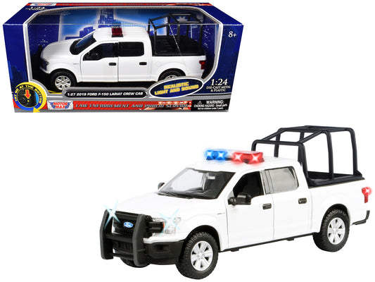 2019 Ford F-150 Lariat Crew Cab Pickup Truck with Bed Cage White with Flashing Light Bar and Front and Rear Lights and Sounds 1/27 Diecast Model Car by Motormax