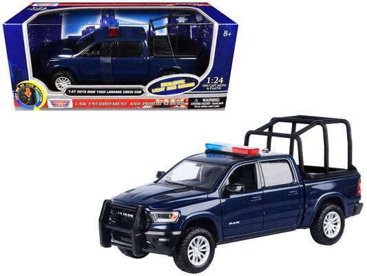2019 RAM 1500 Laramie Crew Cab Pickup Truck with Bed Cage Dark Blue with Flashing Light Bar and Front and Rear Lights and Sounds 1/27 Diecast Model Car by Motormax