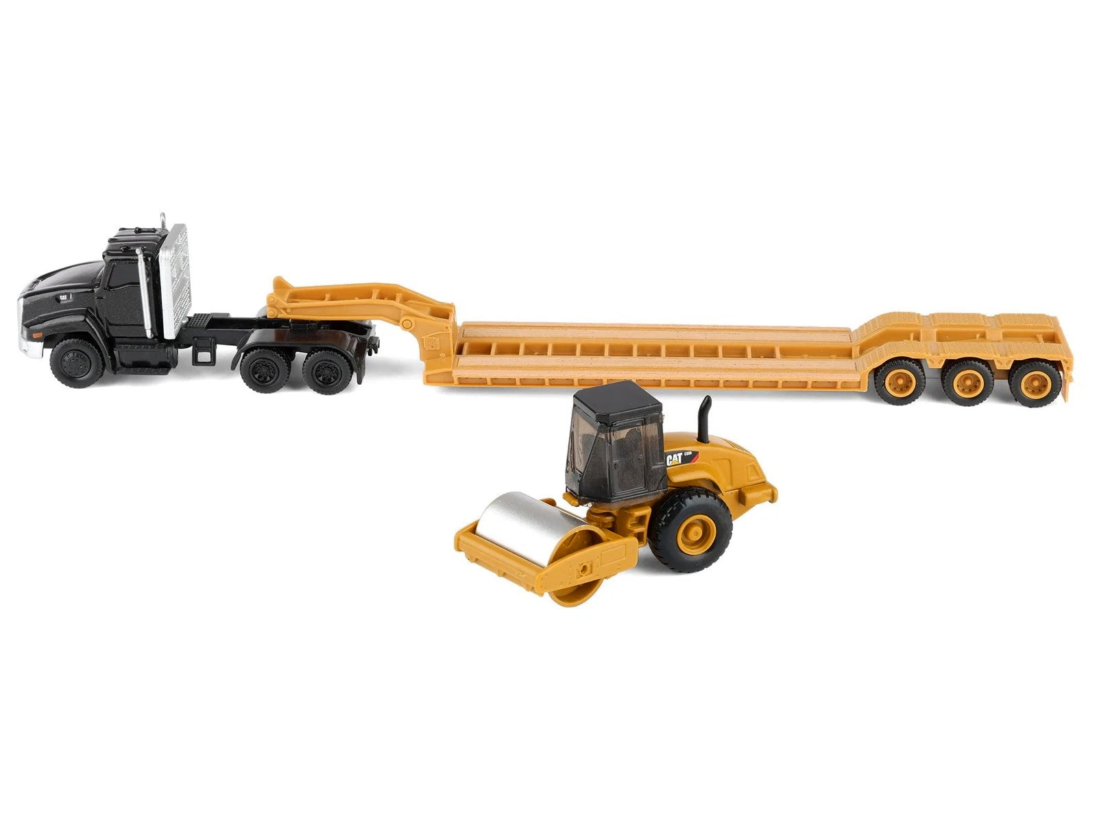 Kenworth T880 Tractor Black with Lowboy Trailer and CAT Roller Yellow 1/87 (HO) Diecast Model by Diecast Masters