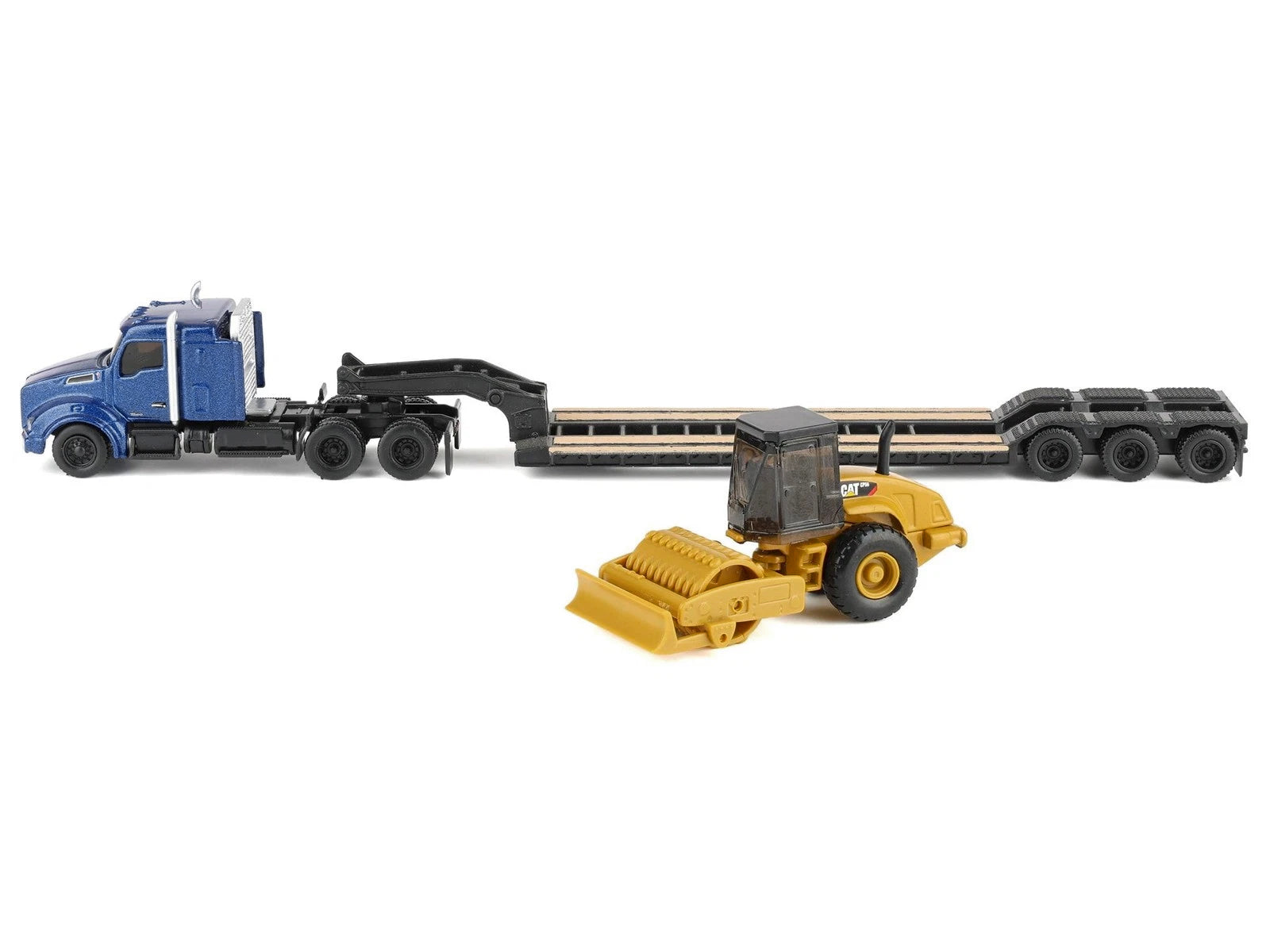 Kenworth T880 Tractor Blue Metallic with Lowboy Trailer and CAT Padfoot Roller Yellow 1/87 (HO) Diecast Model by Diecast Masters
