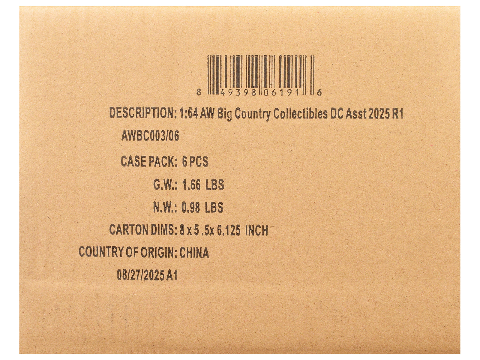 Big Country Collectibles 2025 Release 1 Set of 6 pieces 1/64 Diecast Model Cars by Auto World