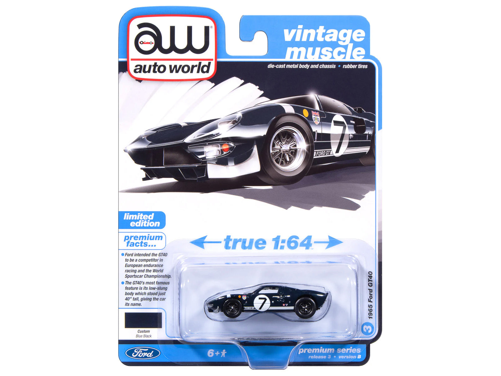 1965 Ford GT40 #7 Blue Black with White Stripes "Vintage Muscle" Series 1/64 Diecast Model Car by Auto World