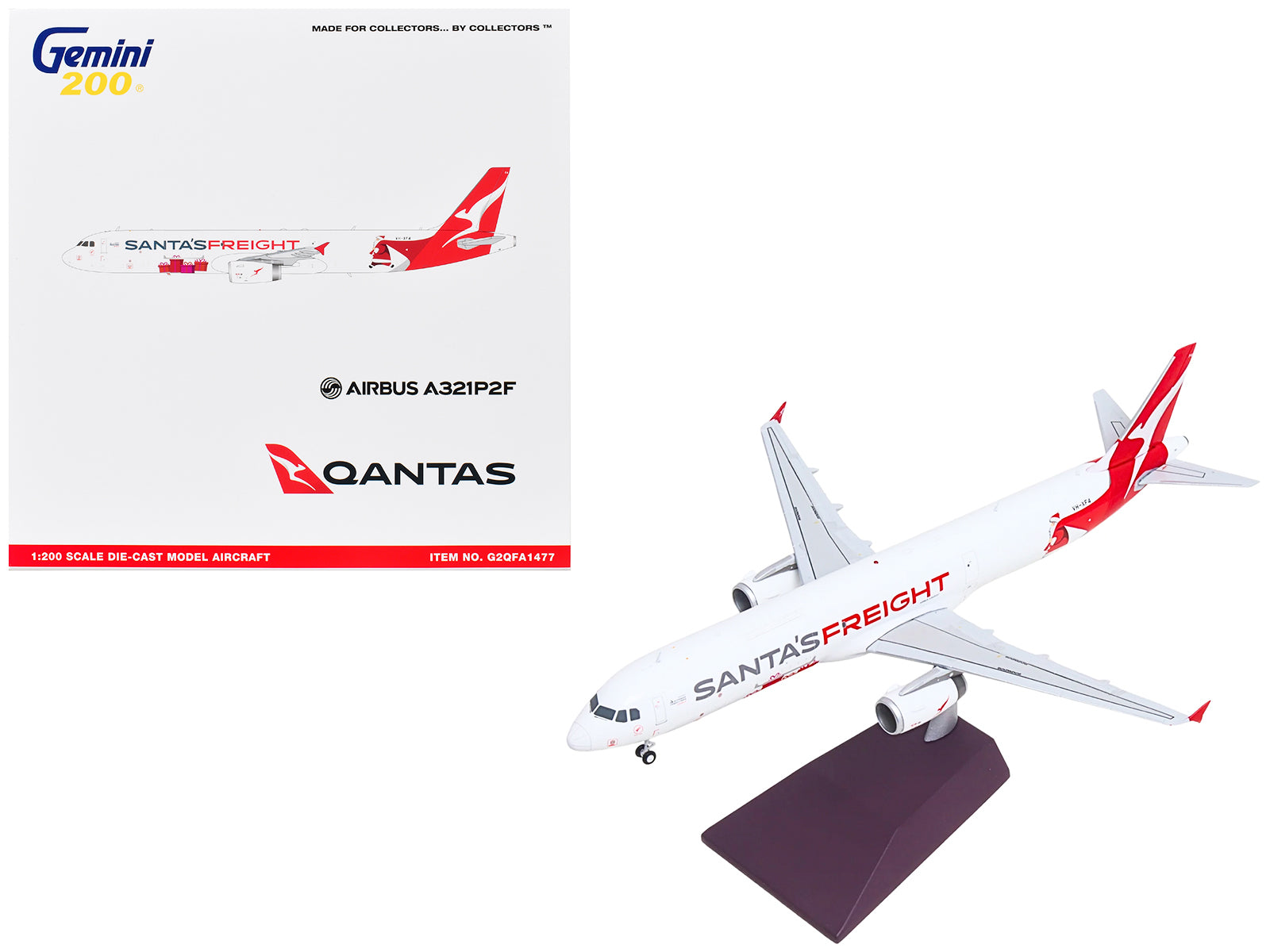 Airbus A321P2F Commercial Aircraft "Qantas Freight - Santaâs Freight" (VH-XF4) White with Graphics and Red Tail "Gemini 200" Series 1/200 Diecast Model by GeminiJets