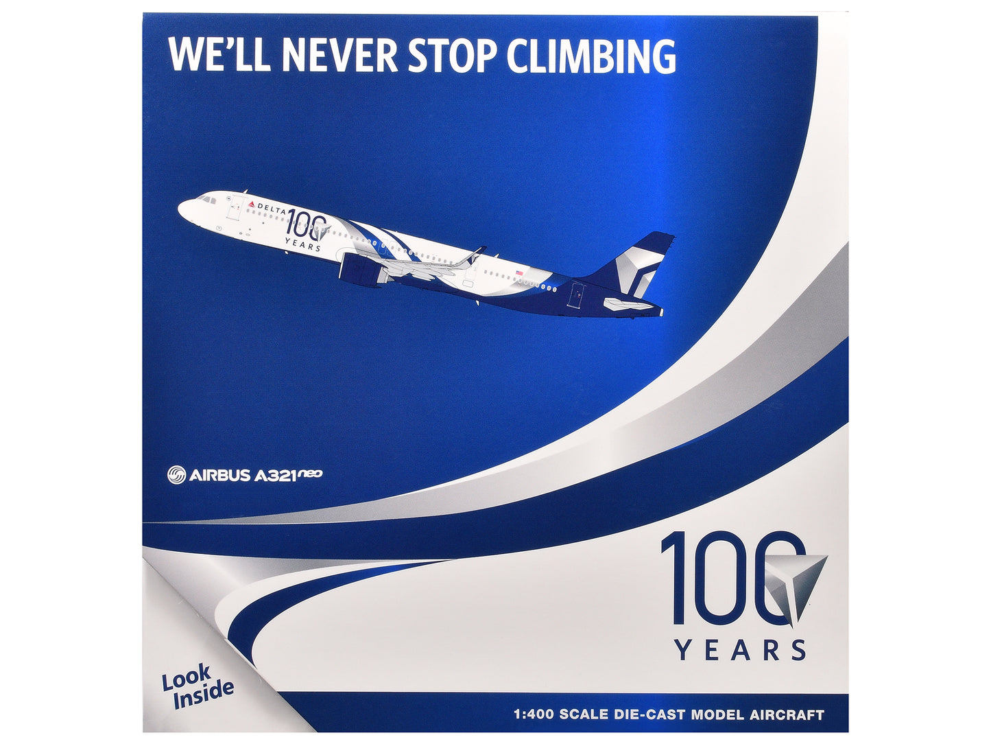 Airbus A321neo Commercial Aircraft "Delta Air Lines 100 Years" (N589DT) White and Blue with Stripes 1/400 Diecast Model Airplane by GeminiJets