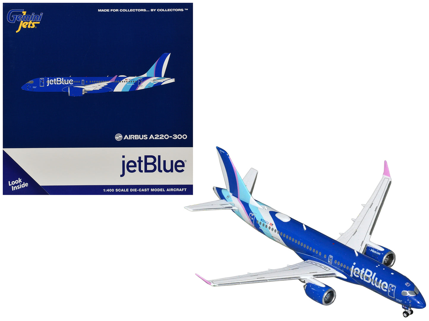 Airbus A220-300 Commercial Aircraft "JetBlue Airways" (N3241J) Blue with Striped Tail 1/400 Diecast Model by GeminiJets